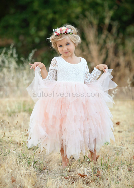 Ivory Lace Blush Pink Tulle Ruffle Flower Girl Dress Easter Dress